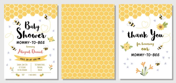 かわいい黄色の蜂で設定された蜂の赤ちゃんシャワー招待テンプレート テキストママからビー 甘い蜂蜜 ハニカムの背景 ありがとうカード シャワーによるジェンダー中立性の招待 蜂の日のイラスト — ストック写真