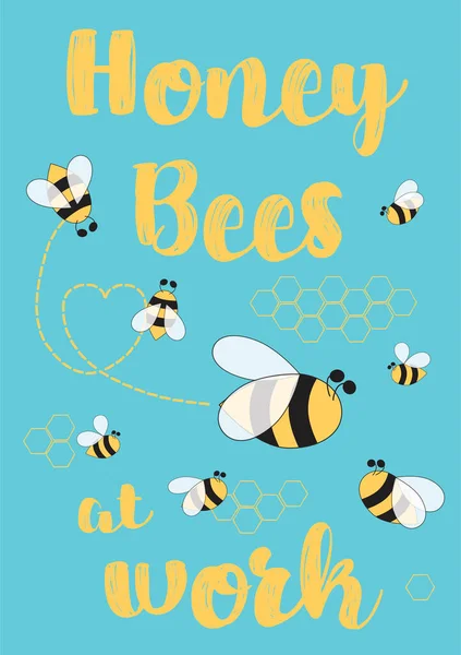 養蜂のポスター 蜂のポスター 仕事のテキストでミツバチ 青い背景にかわいい蜂と養蜂家のサイン 甘い蜂蜜のロゴ ファームデザイン 印刷可能な蜂のバナーを作成します 蜂ベクトルイラスト — ストックベクタ