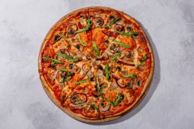Haşlanmış domuz ve kurutulmuş domatesli pizza. Domates sosu, ekşi krema, dilimlenmiş domuz eti, mantar ve peynir. Avrupa mutfağı. Profesyonel bir şefin işi. Bir restoran veya kafe menüsünden yemek.