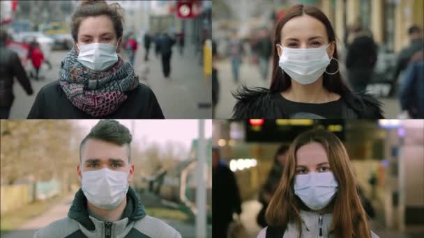 Mujeres y hombres con máscaras. Montaje multipantalla, collage de pantalla dividida. Coronavirus, concepto covid-2019 — Vídeos de Stock