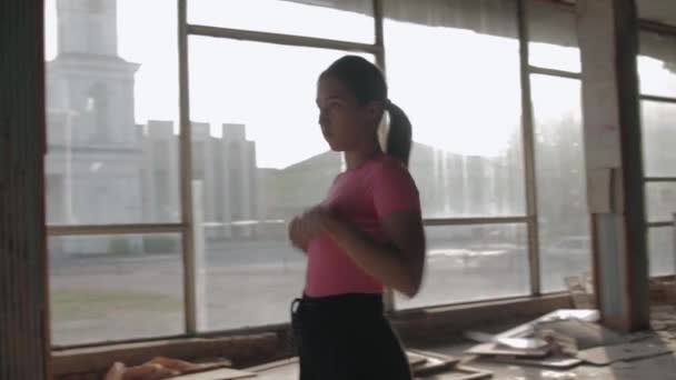 Woman Falls Hands While Dancing Abandoned Hall Panoramic Windows Hand — Stock Video