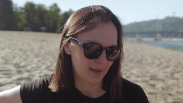 Woman Plays Guitar Sandy Beach Sunny Day Close — Stock Video