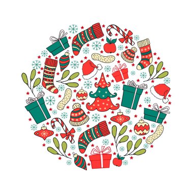 Elle çizilmiş kış tatil sembolleri bir daire içinde. Noel vektör 