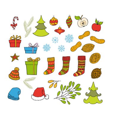 Noel ve yeni yıl renkli koleksiyonu el çekilmiş clipart