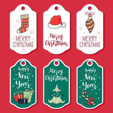 Noel ve yılbaşı tebrik kartı koleksiyonu ile elle çizilmiş 