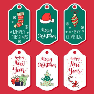 Noel ve yılbaşı tebrik kartı koleksiyonu ile elle çizilmiş 