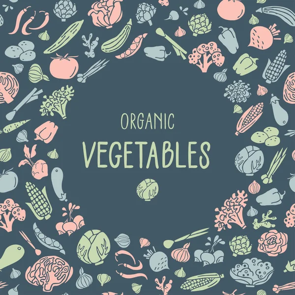 Legumes desenhados à mão. Vários produtos orgânicos em um lugar de círculo —  Vetores de Stock