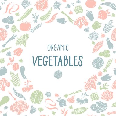 Elle çizilmiş sebze. Bir daire yerde çeşitli organik ürün