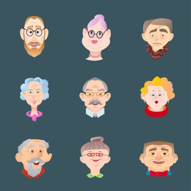 Yaşlılar simgeler yüzü düz stil ayarlayın. Emekli baş 