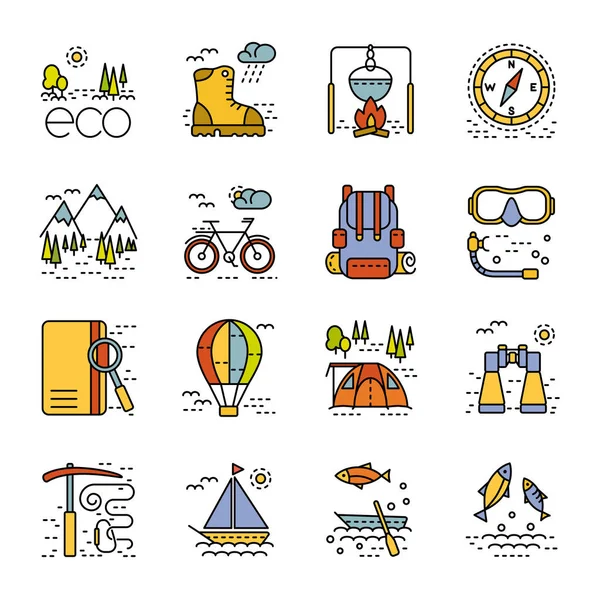 Conjunto de iconos del ecoturismo aislados sobre fondo blanco — Vector de stock