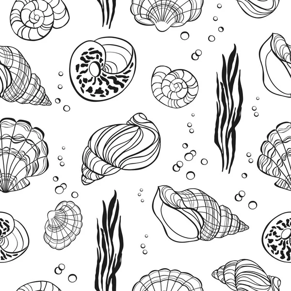 Kézzel rajzolt seashells varrat nélküli mintát fehér háttér — Stock Vector