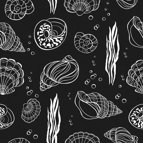 Kézzel rajzolt seashells varrat nélküli mintát a fekete háttér — Stock Vector
