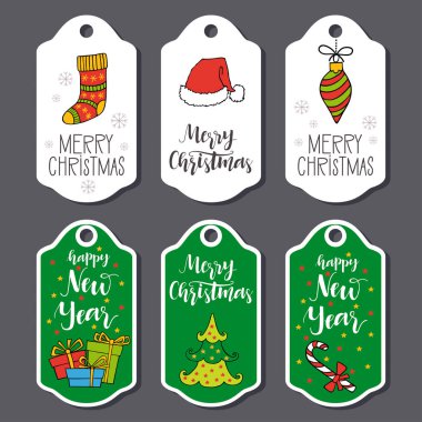 Noel ve yılbaşı tebrik kartı koleksiyonu ile elle çizilmiş 