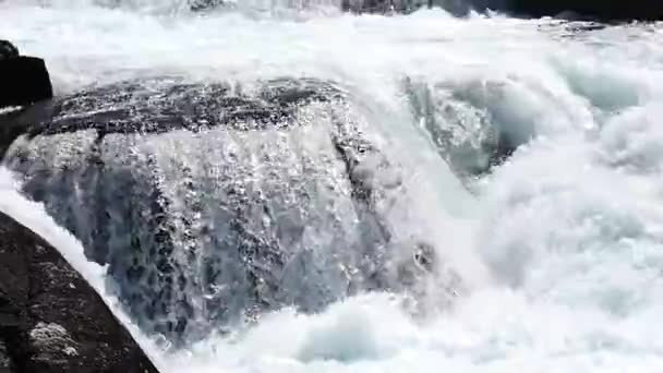 Водопад у горной реки летом — стоковое видео