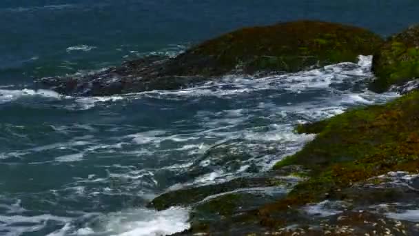 Океанское побережье с волнами и скалами — стоковое видео