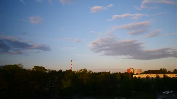 Sunset Time Lapse Sky and moving clouds Power Plant pipe with smoke Latvia 4K — Stock Video