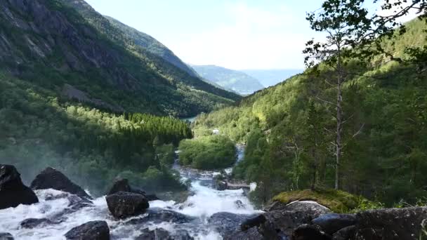 Waterfall at mountain river in summer — Stock Video