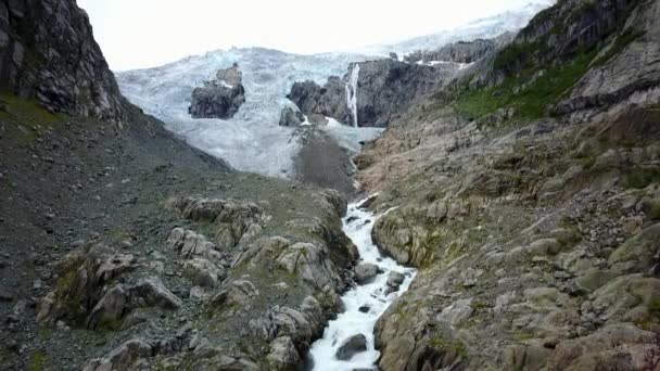 Blue ice glacier front. Buer glacier, Norway from air view from drone — Stock Video