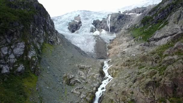 Blue ice glacier front. Buer glacier, Norway from air view from drone — Stock Video