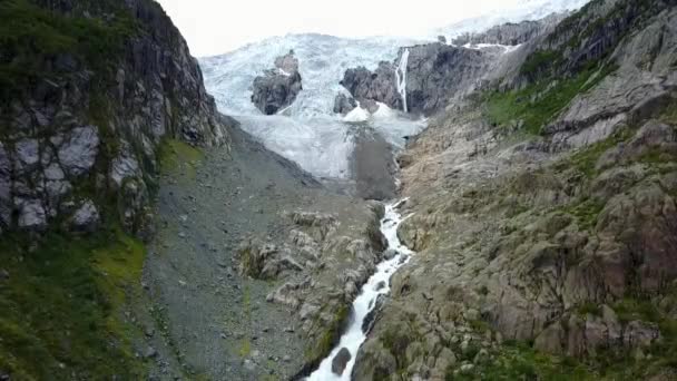 Blue ice glacier front. Buer glacier, Norway from air view from drone — Stock Video