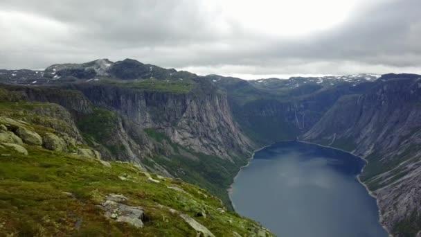 View near Trolltunga to Fjord and water from drone on air Norway — Stock Video