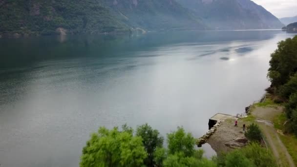 Norway - ideal fjord reflection in clear water from drone on air — Stock Video