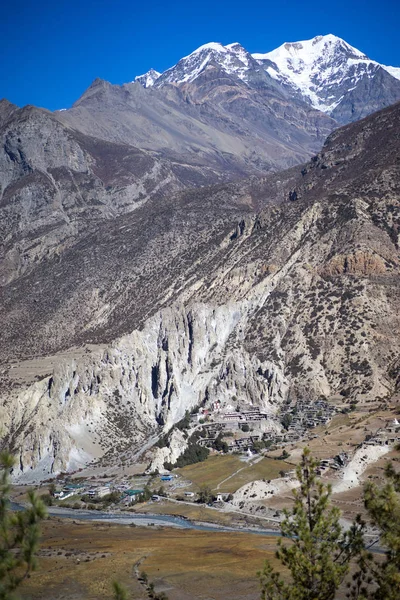 Pico Pisang y bosque en las montañas del Himalaya, región de Annapuna, Nepal — Foto de Stock