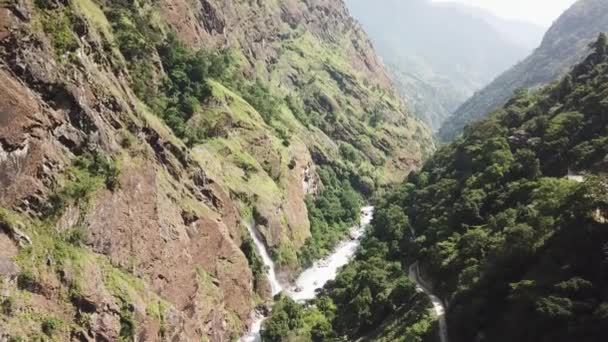 Waterfall in Himalayas range Nepal from Air view from drone — Stock Video