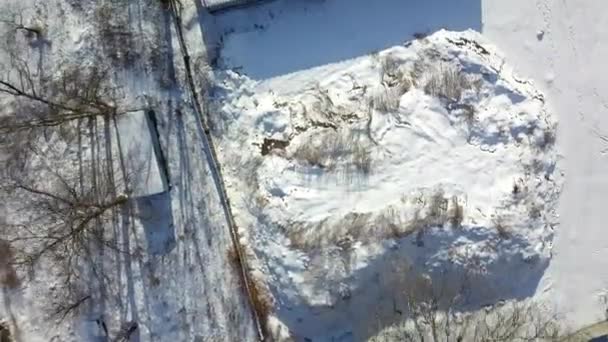 눈에 덮여 겨울 숲 냉동의 항공 보기 — 비디오