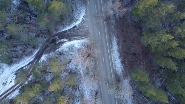 Vista aérea del bosque congelado de invierno cubierto de nieve — Vídeos de Stock