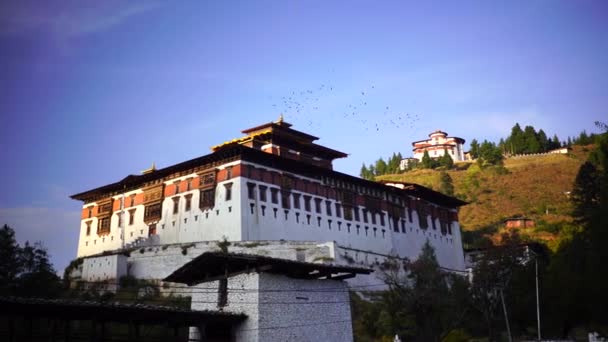 Temple Dzong et drapeaux de prière religieuse dans la vallée, Bhoutan — Video