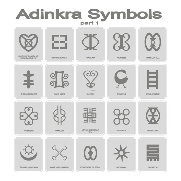Conjunto de iconos monocromáticos con símbolos adinkra — Vector de stock