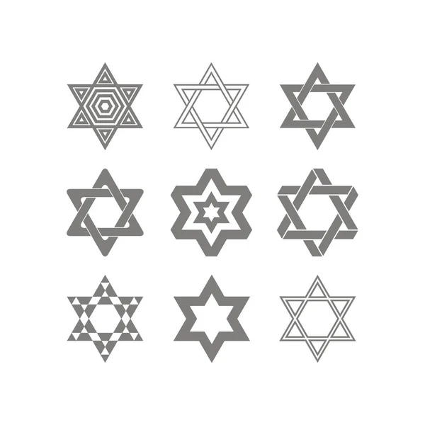Davut'un yıldızı geleneksel Yahudi simgesi olan tek renkli simgeler kümesi — Stok Vektör