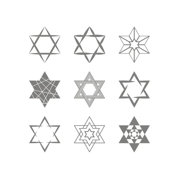Davut'un yıldızı geleneksel Yahudi simgesi olan tek renkli simgeler kümesi — Stok Vektör