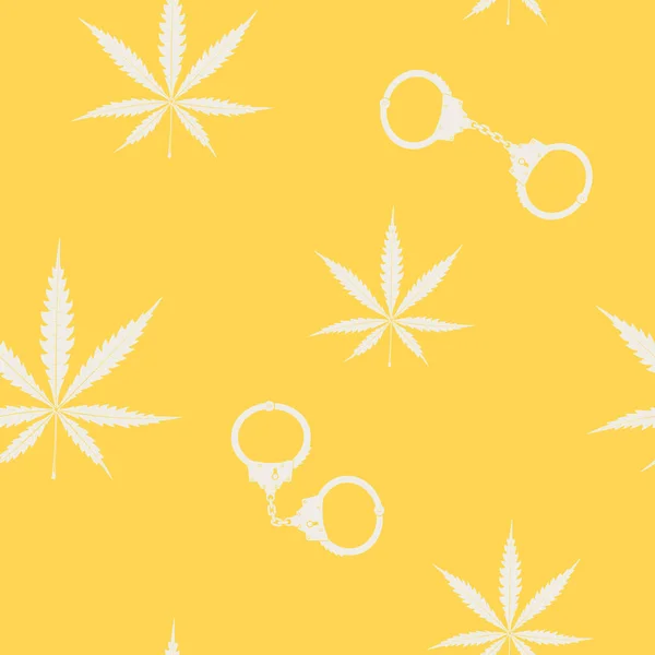 Motif sans couture avec des feuilles de cannabis et menottes — Image vectorielle