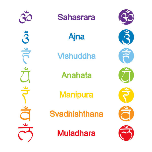 set of color icons with  names of chakras in Sanskrit 