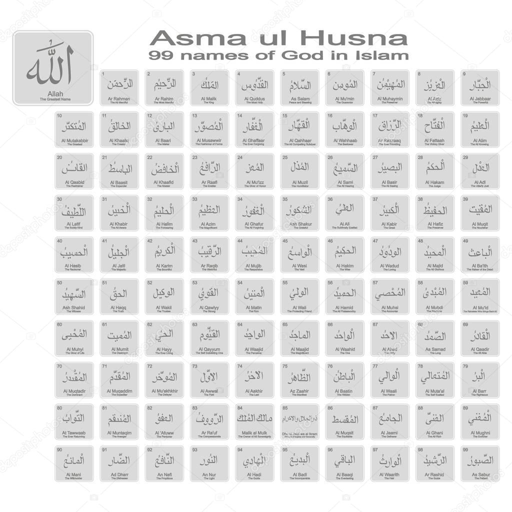 set of monochrome icons with 99 names of god in islam  