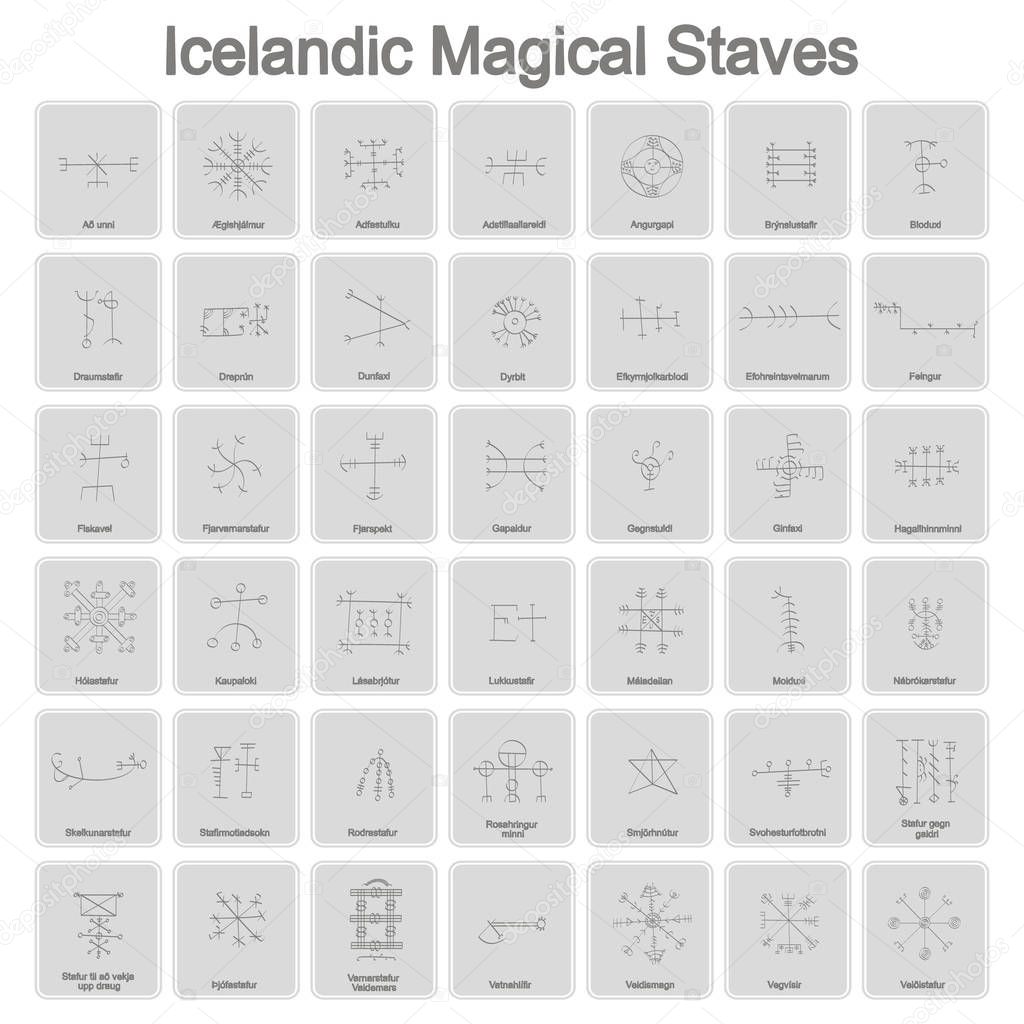 set of monochrome icons with Icelandic magical symbols  