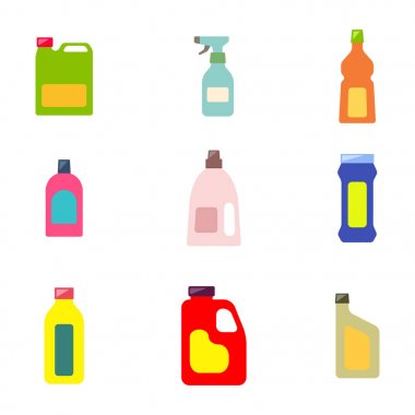 Temizlik tasarımınız için kimyasal ürünleri ile şişe ile Icons set