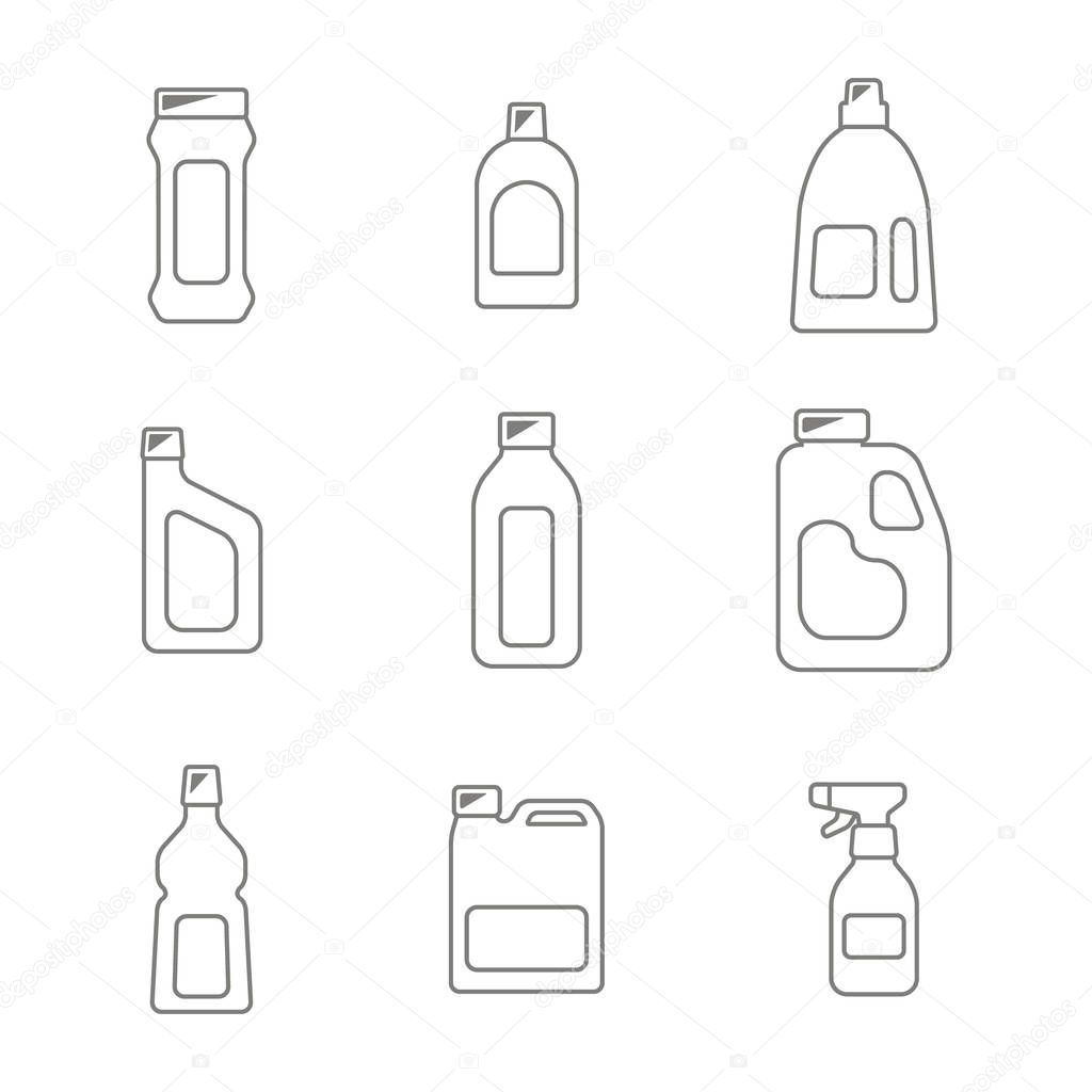 icons set with bottles with cleaning chemical products  for your design
