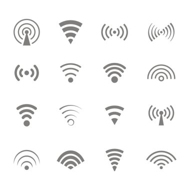 Tasarımınız için kablosuz ve wifi sembolleri bulunan tek renkli simgeler kümesi