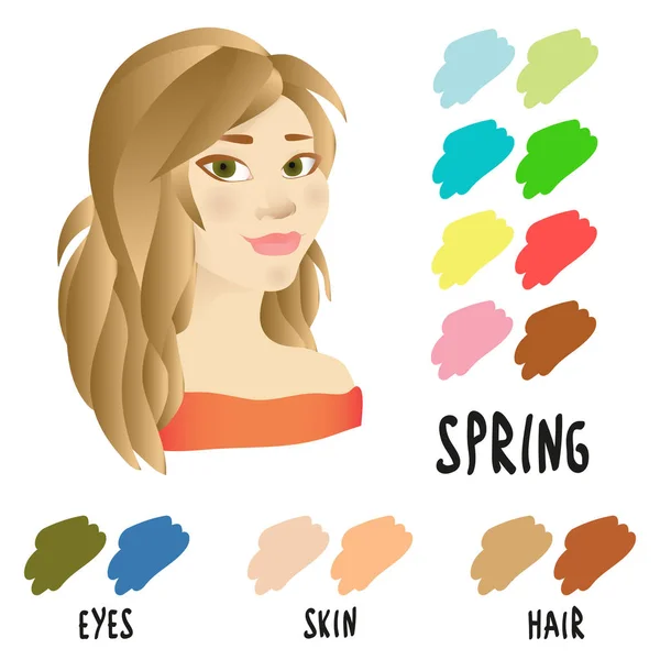 株式ベクトル雌の姿の春型 若い女性の顔 季節の色解析パレット — ストックベクタ