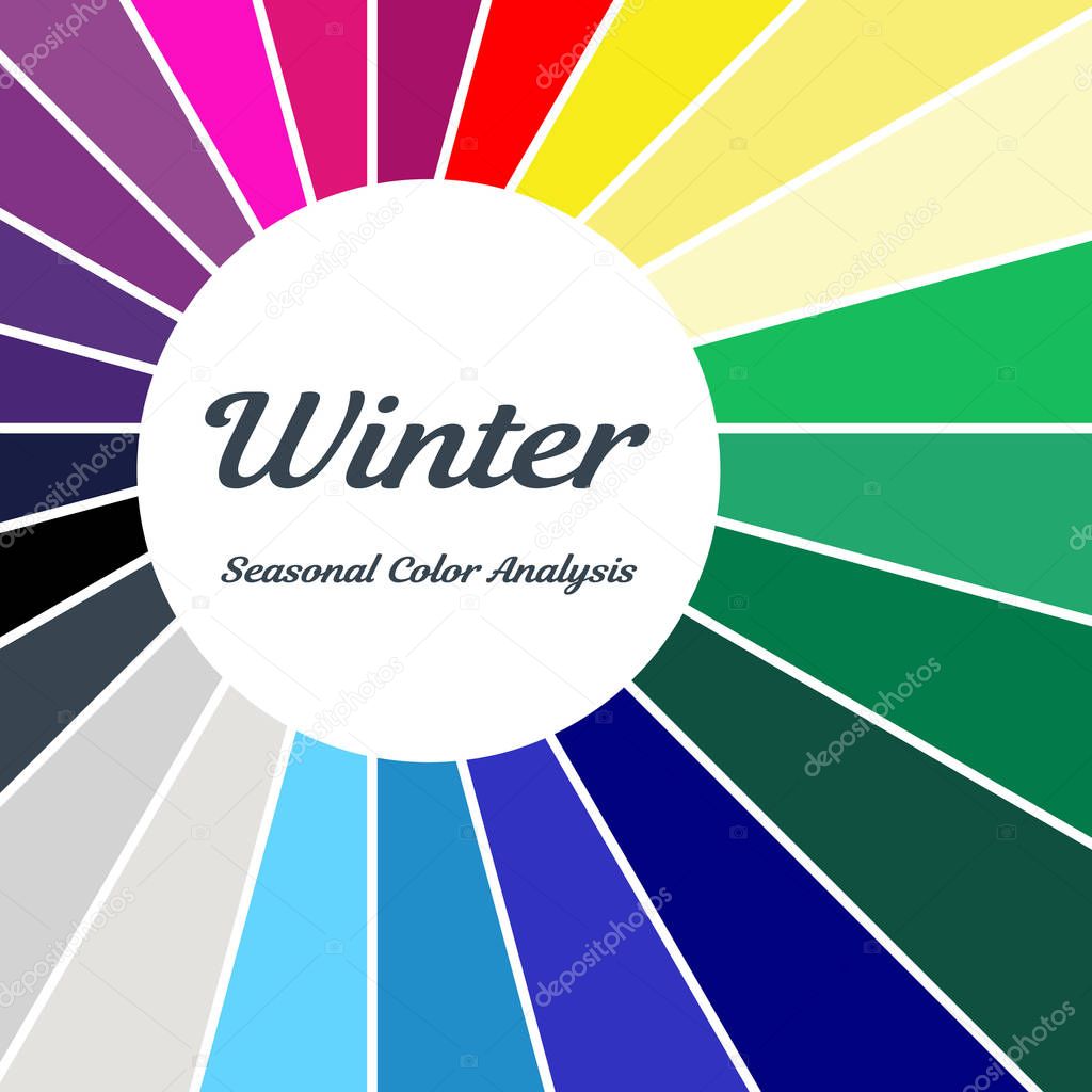 Stock vector color guide. Seasonal color analysis palette for winter type. Type of female appearance