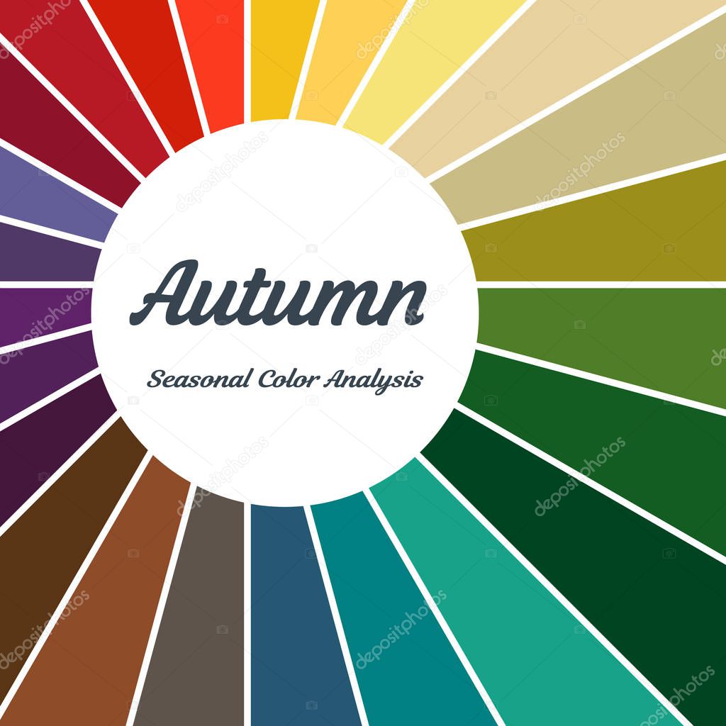 Stock vector color guide. Seasonal color analysis palette for autumn type. Type of female appearance