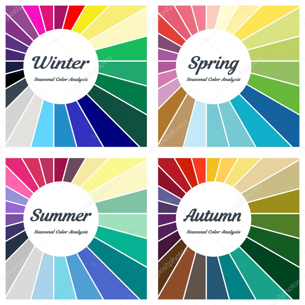 Seasonal color analysis. Set of different types of female appearance. Winter, Spring, Summer, Autumn