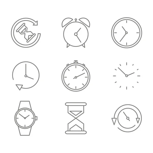 モノクロの線画設定時計あなたの設計のためのタイマーと時計アイコン — ストックベクタ
