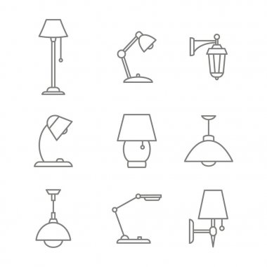tek renkli vektör tasarımınız için hat lamba simgelerle ayarla