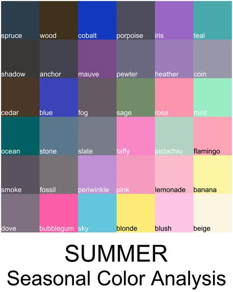 Stock Vector Color Guide Mit Farbnamen Saisonale Farbanalysepalette Für Den — Stockvektor