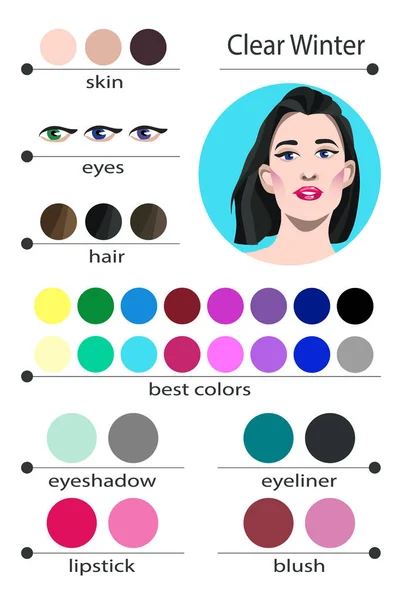 Açık kış için stok vektör mevsimlik renk analiz paleti. En iyi makyaj renkleri için kadın görünüm türünü kış temizleyin. Genç kadının yüzü.