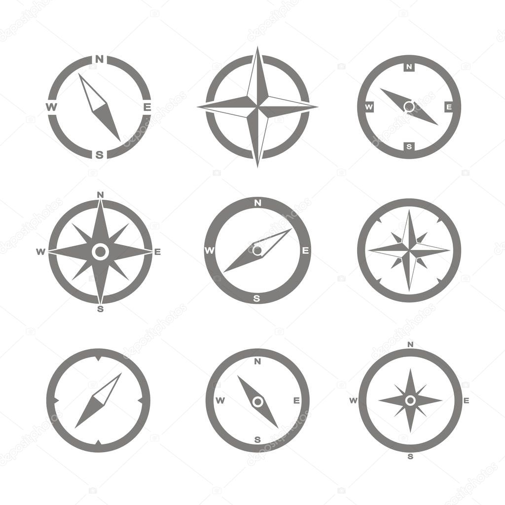 Set of monochrome icons with compass for your design